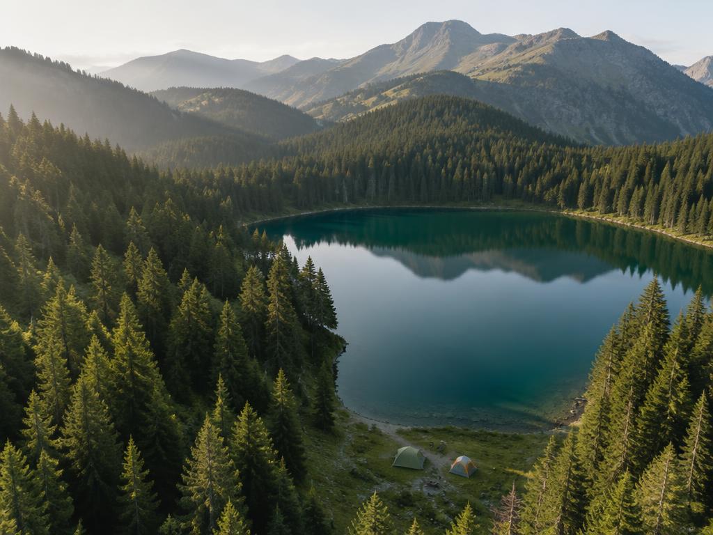 Camping pe malul unui lac de munte în România